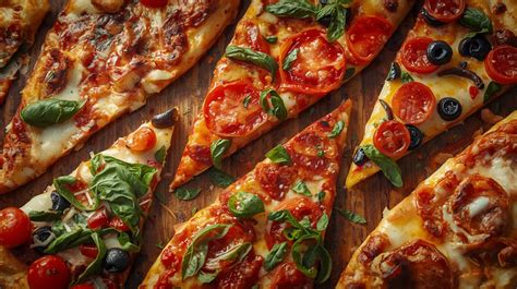 Variedad de pizzas al corte en Alice Pizza