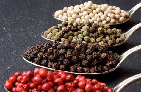 Tipos de granos de pimienta: verde, negra, blanca y rosa