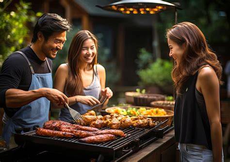 Personas haciendo una barbacoa en un patio con vecinos alrededor