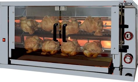 Esquema de un asador de pollos industrial con espadas rotatorias