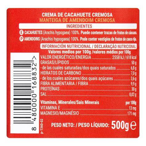 Tabla nutricional de la crema de cacahuete