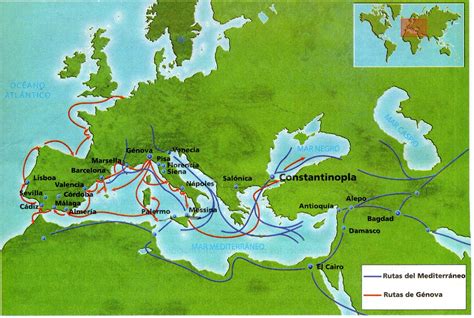 Mapa antiguo de las rutas de comercio de pasta en el Mediterráneo