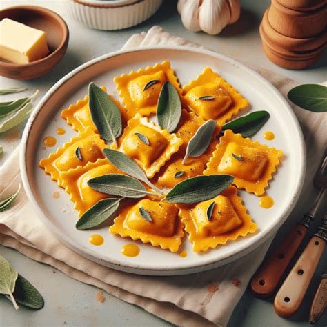Plato terminado de tortelli de calabaza con salsa de gorgonzola y castañas