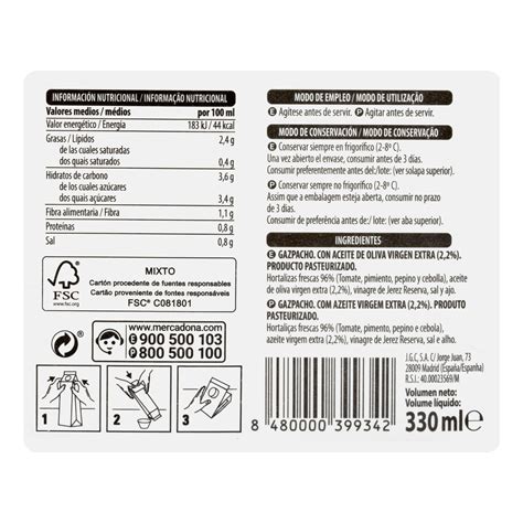 Etiqueta de gazpacho con indicación de ingredientes y porcentaje de verdura