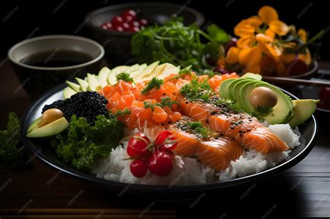 Plato de sushi decorado con perlas de salmón