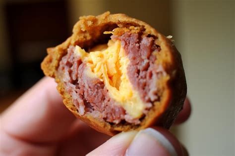 Primer plano del interior cremoso de una croqueta de puchero.