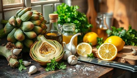 Ingredientes frescos para la receta de alcachofas