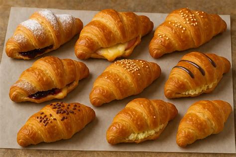 Variedad de croissants dulces y salados ofrecidos en la cafetería