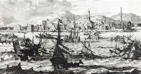 Barcos ingleses, holandeses y portugueses en el puerto de Mocha, Omán