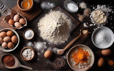 Ingredientes básicos sobre una mesa de madera: ajo negro, azafrán, aceite y huevos