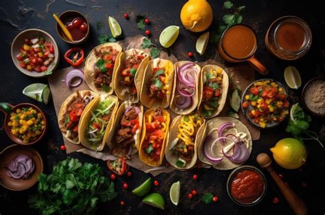 variedad de tacos gourmet con salsas