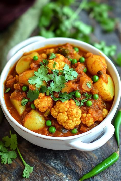 Aloo Gobi Matar servido con arroz