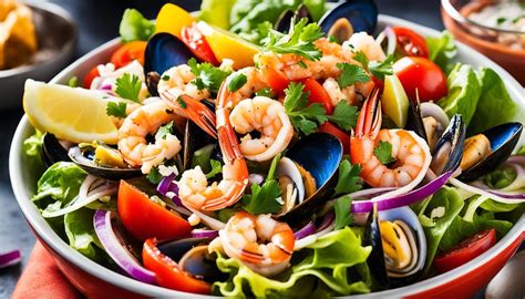 Variedad de ensaladas con mariscos