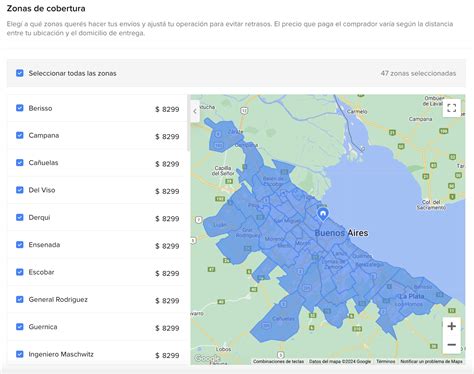 Mapa de envíos que muestra la cobertura de entrega