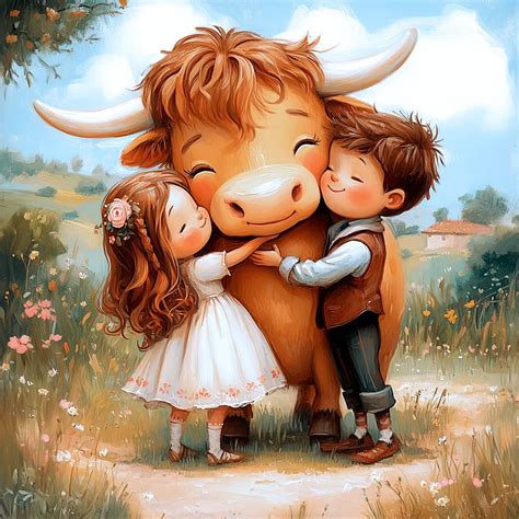 Ilustración de la vaca Cordera con los gemelos Pinín y Rosa