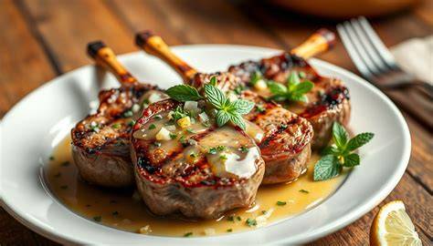 Chuletas de cordero con palo limpio recién hechas en plato elegante