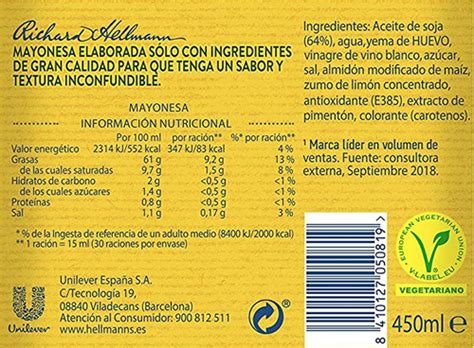 Etiqueta nutricional de mayonesa ligera