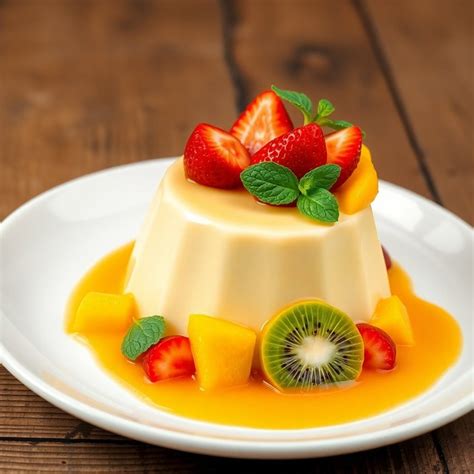 Flan de nata y cuajada con frutas frescas