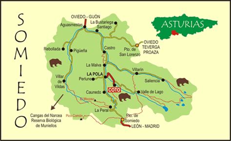 Mapa del Concejo de Somiedo destacando las áreas naturales y pueblos