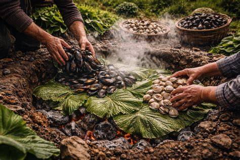 Ilustración de un curanto en hoyo tradicional con personas cocinando