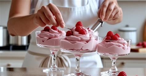 Mousse de frambuesa servida en copas decoradas
