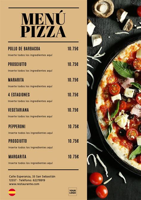 Menú de pizzas con ingredientes frescos