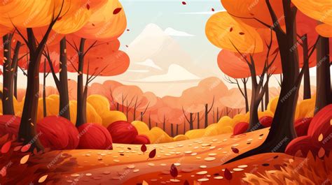 Ilustración de un acogedor café en un pueblo otoñal con hojas doradas y decoraciones de calabazas