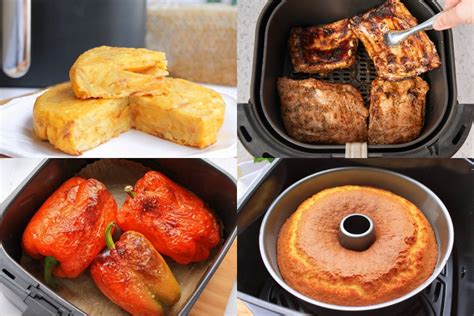 Collage de alimentos preparados en freidora de aire