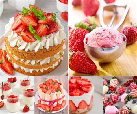 Variedad de postres con nata, como flan, fresas y tartas