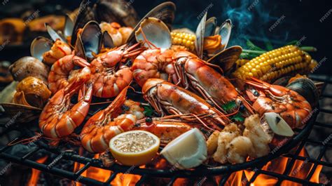 Parrillada de mariscos cocinándose en la parrilla