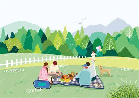 Ilustración de personas disfrutando de una barbacoa en un entorno natural