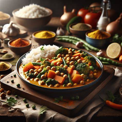 Curry de vegetales y legumbres en un bol
