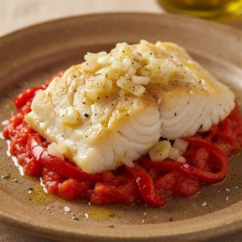 Plato de abadejo servido con salsa de tomate y pimientos