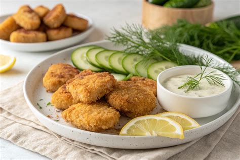 plato de nuggets de calabaza dorados y crujientes con salsa