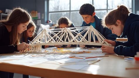 Estudiantes construyendo puentes de espagueti