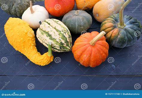 Variedades de calabazas de invierno sobre una mesa rústica