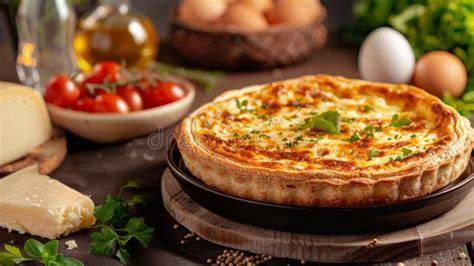 Ingredientes frescos para la quiche sobre una tabla de madera