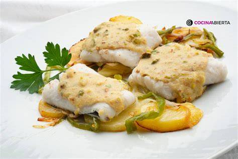 Plato de merluza con costra de pistachos y guarnición de verduras