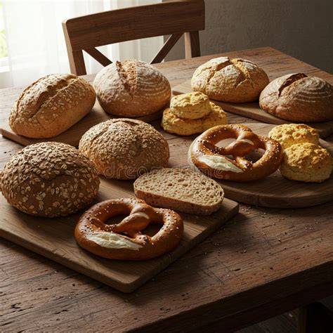 panes artesanales variados sobre una mesa de madera
