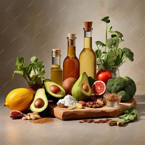 Ingredientes frescos sobre una mesa de madera: nueces, ajo, aceite de oliva y pasta