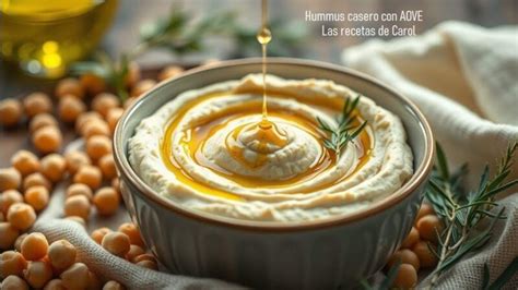 Plato de hummus casero decorado con aceite de oliva y pimentón