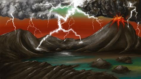 Representación artística de la Tierra primitiva y la formación de compuestos orgánicos