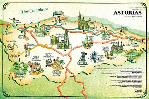 Mapa de Asturias con iconos de gastronomía