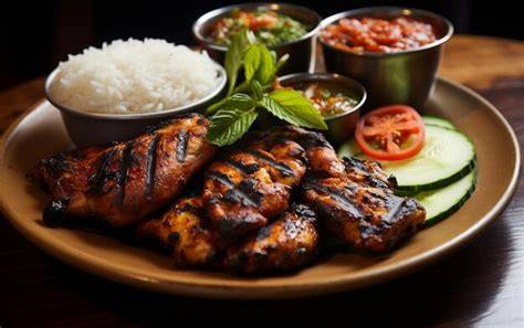 Pollo a la catalana servido con una guarnición de arroz