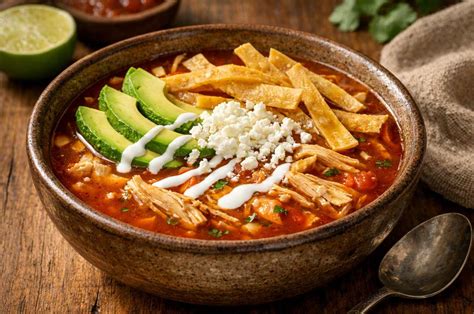Tazón humeante de sopa de tortilla con pollo decorada con aguacate y tiras de tortilla