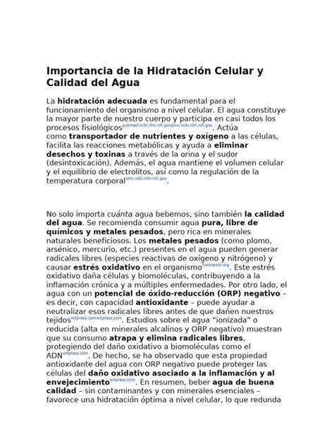 Esquema sobre la importancia de la hidratación y calidad del agua