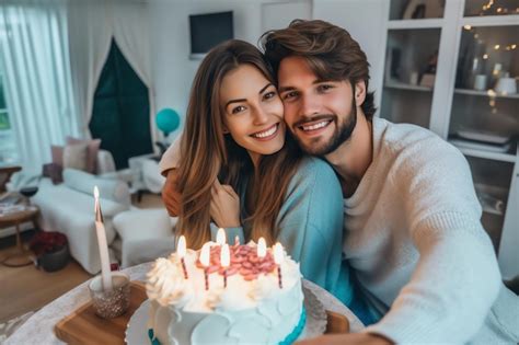 Pareja celebrando con un pastel personalizado