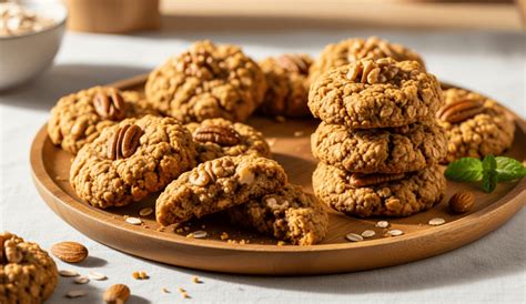 Tabla de madera con galletas de avena y frutos secos, acompañadas de una taza de té