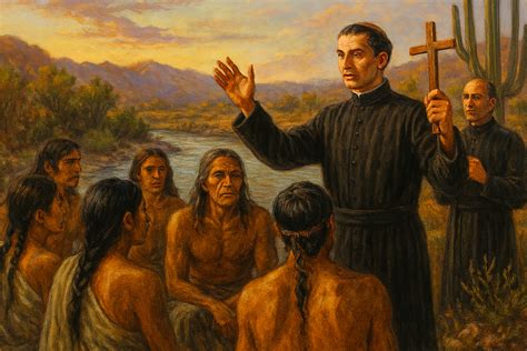 Misionero jesuita interactuando con guaraníes