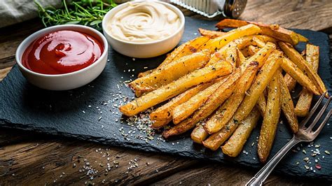 Presentación de papas fritas con diferentes salsas